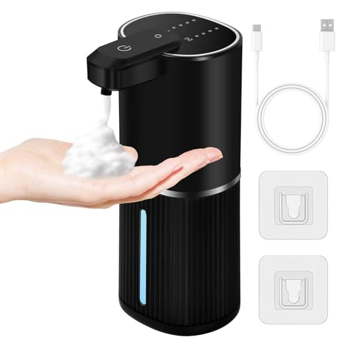 Seifenspender Automatisch,1200mAh IPX5 Wasserdicht Elektrischer seifenspender USB Wiederaufladbar,380ml 4 Einstellbare Stufen Seifenspender Wandbefestigung für Küchen Bad Schule (Schaum,Schwarz) von Focenat