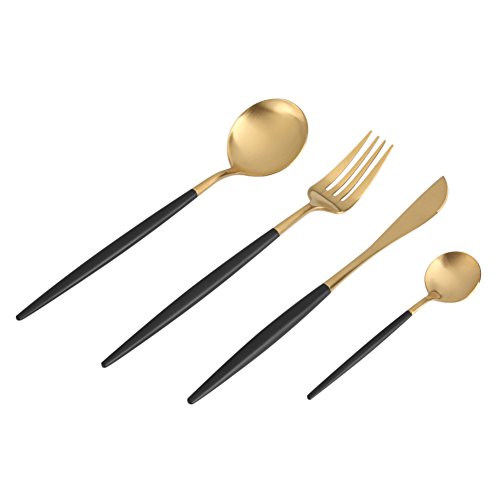 4 Teile/satz Besteck Set, Edelstahl Geschirr Set, Löffel Gabel Messer Geschirr Rostschutz Utensilien Set(Schwarz + Golden) von Focket