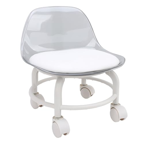Focket Rolling Stuhl, Acrylstuhl mit Rückenunterstützung für Büro -Garagenkonsum mit Universalrädern für Niedrige Stuhlbedürfnisse (Transparent weiß) von Focket