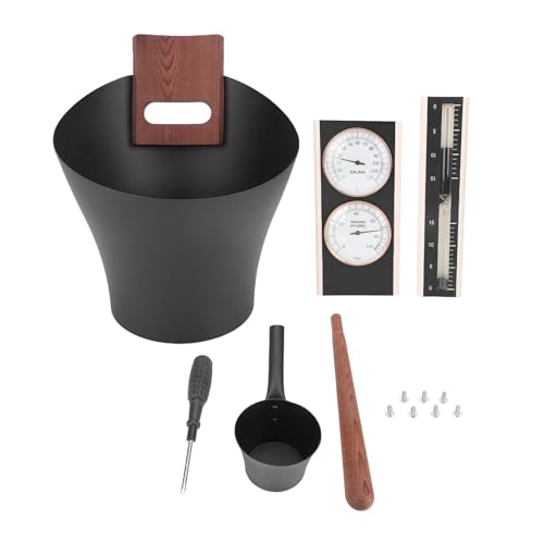 Focket Sauna -Eimer und Kögelset, 5L Aluminiumholz Sauna Eimer mit Glattem Randdesign, Thermometer -Hygrometer und Sanduhr, Sauna -Zubehör für Sauna Dampfbad Im Innenbereich Im Freien von Focket