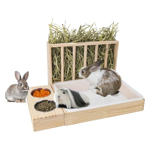 Fockety 3 in 1 Kaninchen -Heuhändler mit Katzentoilette, Holzschuhschweinehöher mit Toilette und Schalen, Tierhalterstange für Meerschweinchen, Chinchillas, Hamster, Kleine Tiere von Fockety