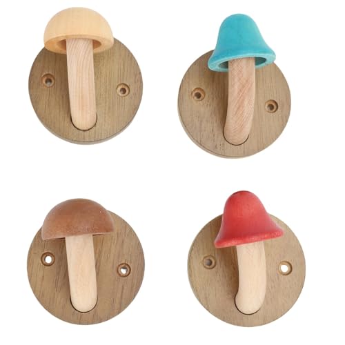 Fockety 4 Stück Kleiderhaken aus Holz in Pilzform, rustikaler Handtuchhalter zur Wandmontage mit Schrauben, Kleiderbügel aus Massivholz in Pilzform zum Aufhängen, Handtüchern, Taschen von Fockety