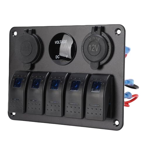 Fockety 5 Gang -Rocker -Schaltertafel, Doppel USB -Ladegerät Digital Voltmeter 12V Outlet mit Blauen Backlight Circuit Breakern, 5 Pin -Off -Kippschalter für RV -Auto -Boat -LKW -Marine von Fockety