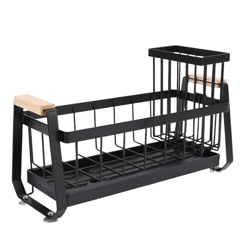 Fockety Schwammhalter für die Küchenspüle, Spülschwammhalter aus Edelstahl mit Abtropfschale und ausziehbarer Schlauchdüse, Spülbecken-Organizer mit 4 Saugnäpfen (BLACK) von Fockety
