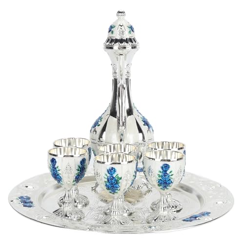 Fockety Türkisches Kaffeeekannenset, Rostfrei Exquisit Dekorativ Retro Wildlas-krug-set aus Metall Türkisches Teesservice aus Legierung Wildlas-top-set für (Splitter weiß blau) von Fockety