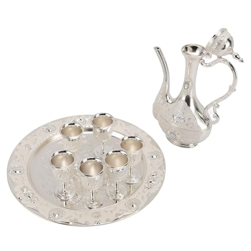 Fockety Türkisches Teesservice, Rostfreie Zinklegierung Türkisches Kaffeekannenset Elegant Jahrgang Kaffeeset Kaffeeetassen und Handgefertight Teetablett- für Sterben (Silberweiß) von Fockety