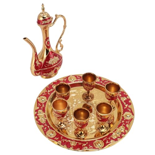 Fockety Türkisches Teesservice, Rostfreie Zinklegierung Türkisches Kaffeekannenset Elegant Jahrgang Kaffeeset Kaffeeetassen und Handgefertight Teetablett- für Sterben (goldrot) von Fockety