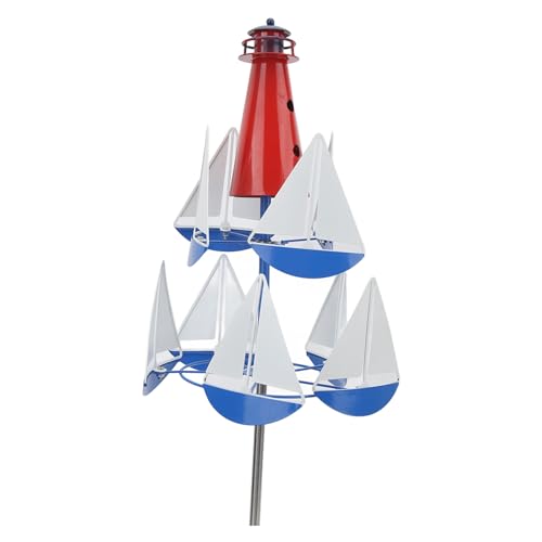 Garten Wind Spinner, Sommer Leuchtturm Segelboot 360-Grad-Drehung Windskulptur mit Wetterfahne Funktion, Outdoor dekorative Metall Windmühle für Hof Terrasse Rasen von Fockety