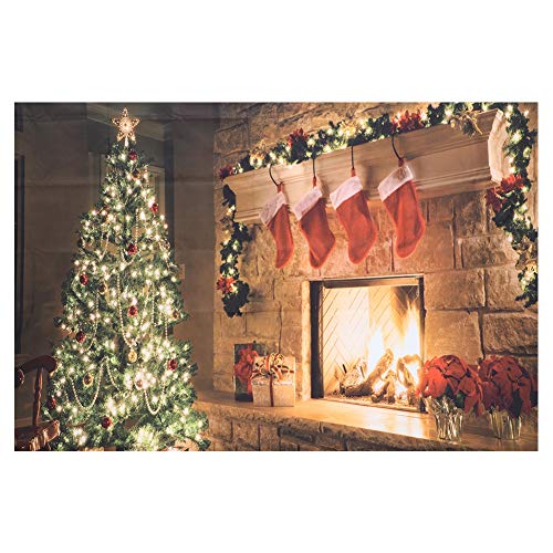Weihnachtsteppich, glänzender Wandbehang, Weihnachtsbaum, Kamin, Weihnachtsstrumpfdecke, 59 x 51 Zoll, bunter Wandteppich, Weihnachtswanddekoration für Party, Wohnzimmer, Schlafzimmer, Wohnheim von Fockety