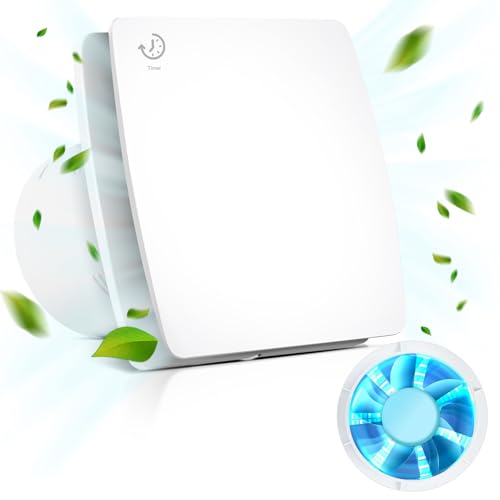 Focxoio Badlüfter 100mm mit Nachlauf 5 Timer Verzögerungsfunktion, 12W Abluftventilator mit Rückstauklappe, 95m³/h 34dB Wandventilator Lüfter für Wand-, Decken- & Fenstermontage von Focxoio
