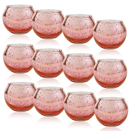 12 Pcs Teelichthalter Aus Glas, Runde Teelicht Kerzenhalter Deko 5x5,5cm, Votivkerzenhalter Große Vintage Bunt Gold Blau Rosa, Kerzengläser Set für Hochzeit Tischdeko Geburtstag Party Kerzen (Rosa) von Fodlon