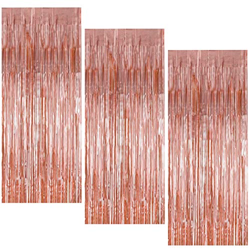 3 Stück Metallic Lametta Vorhang, 1 x 2 m Folie Fransen Vorhänge, Glitzer Tinsel Schimmer Vorhänge, Hintergrund Fringe Vorhänge für Party Geburtstag Hochzeit Tür Fenster Dekoration (Roségold) von Fodlon