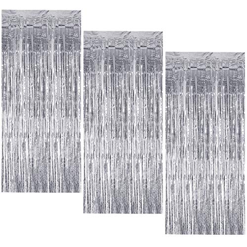 3 Stück Metallic Lametta Vorhang, 1 x 2 m Folie Fransen Vorhänge, Glitzer Tinsel Schimmer Vorhänge, Hintergrund Fringe Vorhänge für Party Geburtstag Hochzeit Tür Fenster Dekoration (Silber) von Fodlon