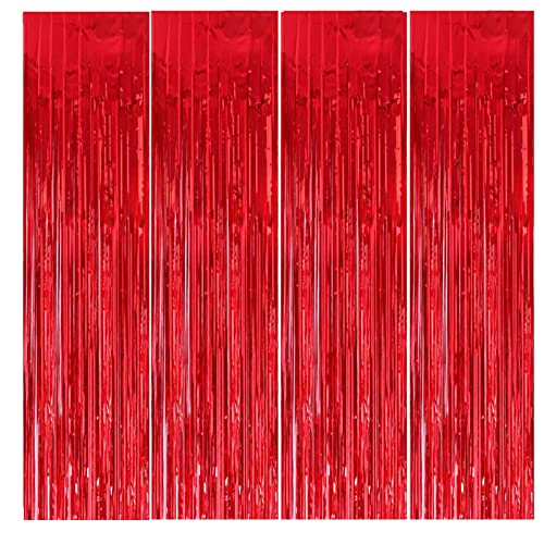 4 STK Folien Vorhänge, 1m x 3m Lametta Vorhang Hintergrund, Rot Metallic Lametta Vorhänge, Selbstklebende Folien Fransen Lametta, Partydekorationen für Geburtstags,Abschlussball, Hochzeit von Fodlon