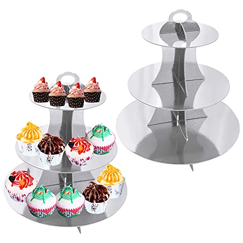 2 STK Cupcake ständer zum Geburtstag, Karton Tortenständer 3 Tier, Cupcake Dessert Ständer für Afternoomn Tee Dessert Obsthalter, Hochzeitsfeier Servieren (Silber) von Fodlon