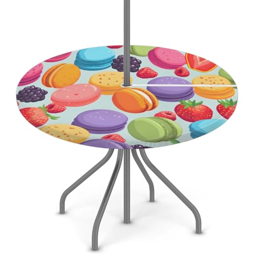 Foerrkelg Bunte Obst-Macarons, runde Tischdecke für den Außenbereich, mit Regenschirmloch, Reißverschluss, Lebensmittel-Tischdecke mit elastischen Kanten, wasserdicht, abwischbar, für Terrasse von Foerrkelg