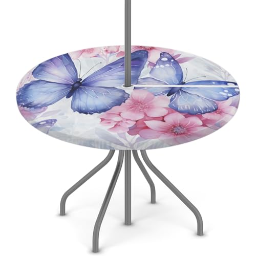 Foerrkelg Outdoor-Tischdecke mit Schirmlöchern, Schmetterlings-Blumen, wasserdicht, rund, mit elastischem Reißverschluss, abwischbare Tischdecken für Picknicks, Decks, Gärten, passend für von Foerrkelg