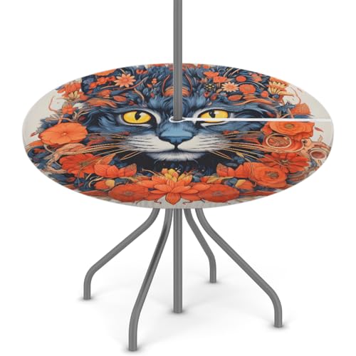 Foerrkelg Runde Tischdecke mit Blumen-Katze, für den Außenbereich, mit Regenschirmloch, Reißverschluss, hübsche Blume, Katze, elastische Kanten, wasserdicht, abwischbar, für Terrasse, Picknick von Foerrkelg
