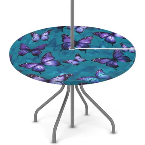 Outdoor-Tischdecke mit Schirmlöchern, blau-weiße Blumen-Schmetterlinge, wasserdicht, rund, Tischdecke mit elastischem Reißverschluss, abwischbare Tischdecken für Picknicks, Decks, Gärten, passend für von Foerrkelg