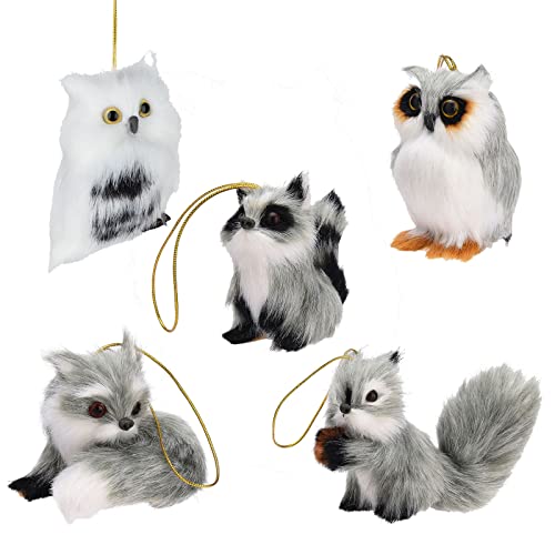 5 Stück Plüschtier Weihnachtsschmuck, flauschige Eule Eichhörnchen hängende Ornament, Kunstfell Tier Ornamente für Weihnachtsbaum Rucksack Home Party Dekoration, 5 Stile von Fofetbfo