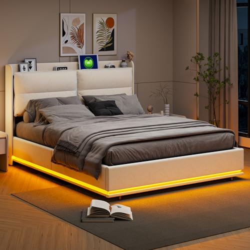 Bett 140 x 200 cm mit Lattenrost LED und USB, Bettkasten mit USB und Typ-C, Polsterbett mit Stauraum, Doppelbett, Bettgestell, hydraulische Funktion, Kopfteil (140 x 200 cm) von Fofetbfo