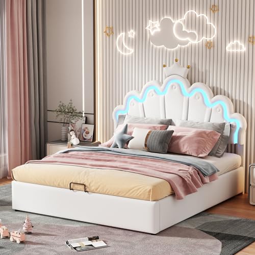 Fofetbfo LED-Polsterbett, Queen-Size-Bett, mit verstellbarer Umgebungsbeleuchtung, modernes Bett mit Kronenform-Kopfteil, Bettgestell für Mädchen, 140 x 200 cm, Weiß von Fofetbfo