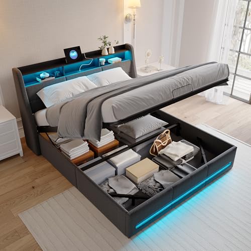 Fofetbfo Polsterbett 140x190 cm, Doppelbett mit LED und USB, Hydraulisch Stauraumbett mit Stauraum und Lattenrost, Funktionsbett Bettgestell mit Stauraum-Kopfteil, Jugendbett, Linen von Fofetbfo
