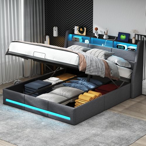 Fofetbfo Polsterbett 140x200cm, Doppelbett mit LED und USB, Hydraulisch Stauraumbett mit Stauraum und Lattenrost, Funktionsbett Bettgestell mit Stauraum-Kopfteil, Jugendbett, Linen von Fofetbfo
