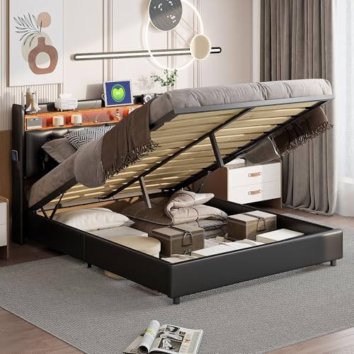 Fofetbfo Polsterbett 180x200 cm mit LED-Leuchten und USB-Ladegerät, Doppelbett mit Stauraum und Lattenrost, Hydraulisch Stauraumbett Rückenlehne Bettgestell, Bettgestell, PU, ohne Matratze von Fofetbfo