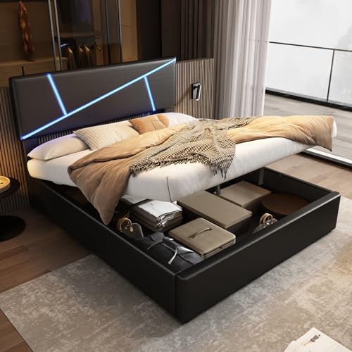 Fofetbfo Queen-Size-Bett mit Stauraum, Doppelbett mit einstellbarer LED-Beleuchtung, modernes Bett mit weicher Spleiß-Rückenlehne, Polsterbett, Holzbettrahmen, Schwarz (140 x 200) von Fofetbfo