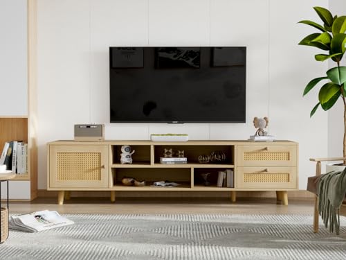 Fofetbfo Rattan TV Unit to 139.7 cm/165.1 cm TV Cabinet with 2 Cabinets and 2 Open Shelves, Multimedia Centers with Solid Wood Feet, Modern TV Stand for Living Room & Lounge (C) von Fofetbfo