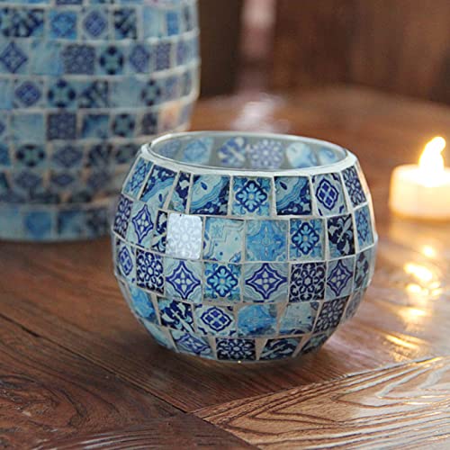 Teelichthalter aus Glas, Blaue und Weiße Mosaik-Blumenmuster-Kerzenhalter, Handgefertigte Tischaufsätze mit Textur für die Geburtstagsparty von Candle Hoder Home von Fofetbfo