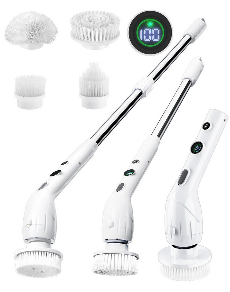 Fofile Akku-Oberflächenbürste Elektrische Reinigungsbürste mit 4 Austauschbaren Bürstenköpfen, mit Verstellbarem Griff, 2 Geschwindigkeiten, IPX7 Wasserdicht von Fofile