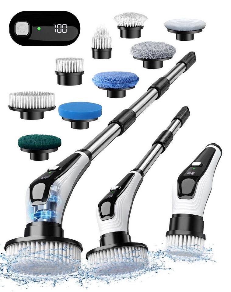 Fofile Akku-Oberflächenbürste Elektrische Reinigungsbürste mit 9 Austauschbaren Bürstenköpfen, mit Verstellbarem Griff, 2 Geschwindigkeiten, IPX8 Wasserdicht von Fofile