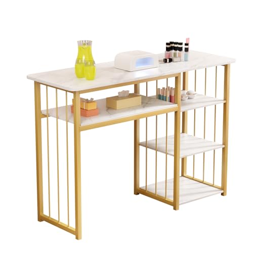 Nageltisch, Schminktisch Ohne Spiegel, Manikürtisch, Schreibtisch mit Regal, Marmor-Weiß Gold, Maniküre Tisch, Nageltechniker Schreibtisch für Nagelstudio und Schönheitssalon, 40 x 100 x 76cm von Fogcroll