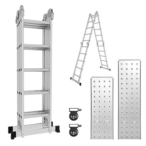 Fogmiea Aluminium Mehrzweckleitern 4 * 5 Stufen Multifunktionsleiter Alu Leiter Ausziehbar 5,8m Klappleiter Gelenkleiter Anlegeleiter Steigleiter mit 2 Gerüstplatten und 2 Rollen von Fogmiea