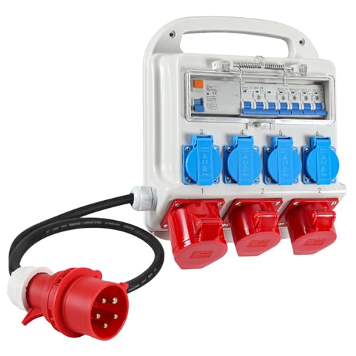Fogmiea Wandverteiler mit FI-Schutzschalter und schwere Gummischlauchleitung Stromzufuhr,5 Polig Baustromverteiler mit 4xSchuko-Steckdose und CEE-Steckdose 16/32A Stromverteiler von Fogmiea