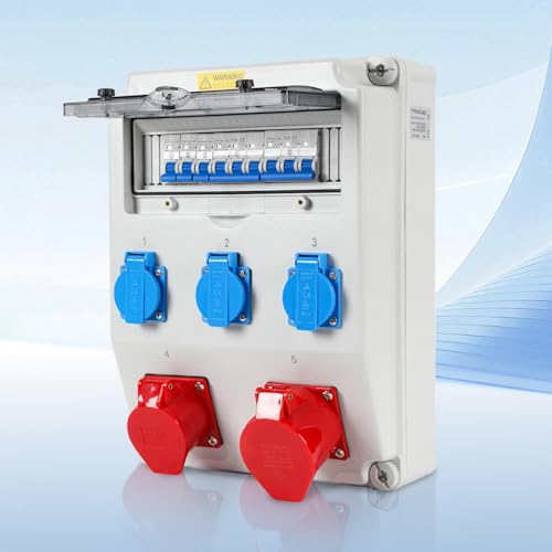 Fogmiea Wandverteiler mit Leitungsschutzschalter,5 Polig Baustromverteiler mit 3xSchuko-Steckdose und CEE-Steckdose 16/32A Stromverteiler für Innen und Außen von Fogmiea