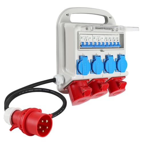 Fogmiea Wandverteiler mit Leitungsschutzschalter und schwere Gummischlauchleitung Stromzufuhr,5 Polig Baustromverteiler mit 4xSchuko-Steckdose und CEE-Steckdose 16/32A Stromverteiler von Fogmiea