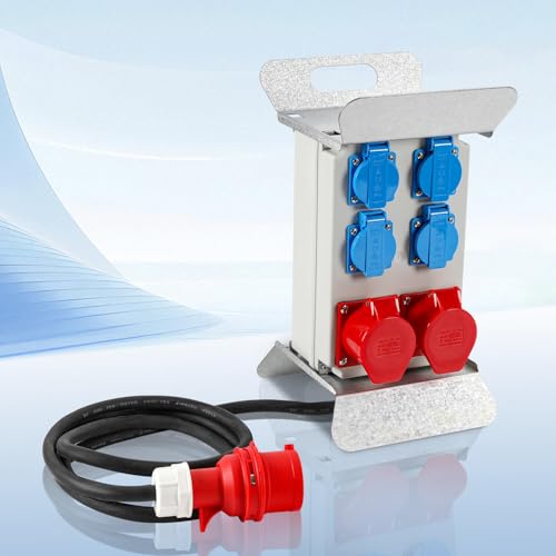 Fogmiea Wandverteiler mit Leitungsschutzschalter und schwere Gummischlauchleitung Stromzufuhr,5 Polig Baustromverteiler mit 4xSchuko-Steckdose und CEE-Steckdose 16A Stromverteiler von Fogmiea