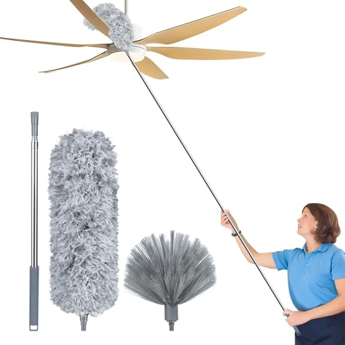 Fogray Staubwedel Teleskop Waschbar Duster Lang Ausziehbar Bis 254cm, Spinnenwebenentferner Staubwischer mit Teleskopstange, Staubfänger für hohe Decken Deckenventilator(Grau, 3PCS) von Fogray