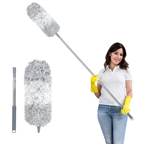 Fogray Staubwedel Teleskop Waschbar Duster Lang Ausziehbar mit Weichem Silikon Cap, Spinnenwebenentferner Staubwischer mit Teleskopstange, Staubfänger für hohe Decken Deckenventilator(Grauweiß) von Fogray