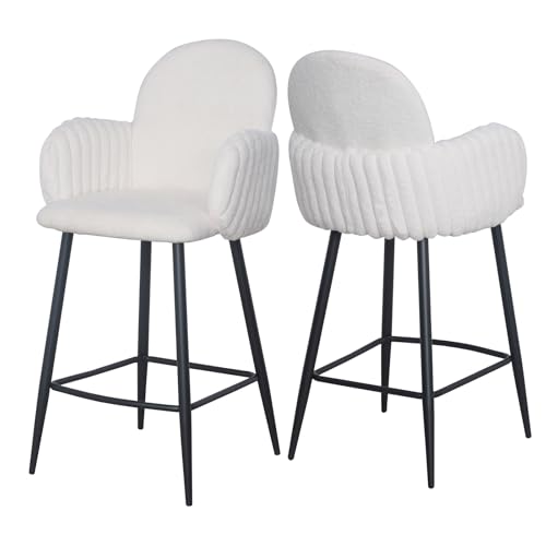 Fohfurniture Barhocker 2er Set, Modern Küchenhocker Tresenhocker Esszimmerstuhl mit Lehne, Bar Stuhl Esszimmerstühle mit Armlehne & Metallbeinen, Küchenstühle mit Kunstfell, Bar Hocker Weiß von Fohfurniture
