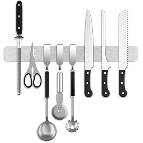 Fohil Messer Magnetleiste 40cm mit 3 Haken, Magnetleiste Edelstahl Messerhalter 16in Magnetisch Selbstklebend Küchenutensilien Werkzeugen Einfache Montage Magnetisch Wandmontage für Küche von Fohil