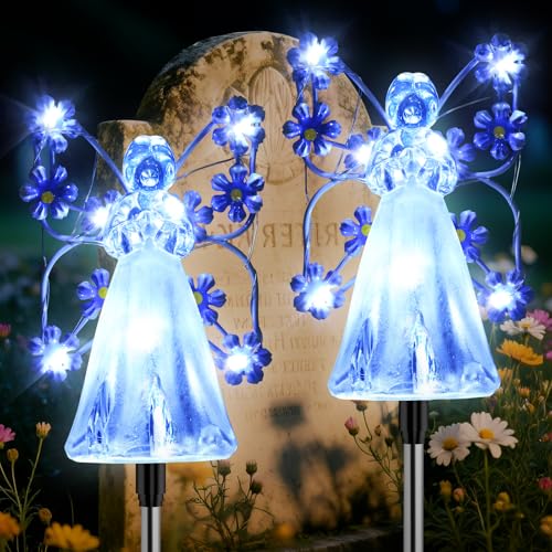 Fohil Solarlampen für Außen Garten, 2 Stück 14 LED Engel Solar Licht für Grab, 8 Modi Solarleuchten für Außen Wasserdicht Engel Gartendeko für Rasen, Terrasse, Solar Gartenleuchte von Fohil