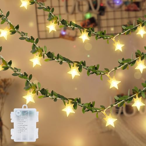 LED Lichterkette Efeu Künstlich, 4M Fake Efeu Girlande mit 20 LED-Sternenlichter Batterie, 8 Modi Wasserdicht Efeu Lichterkette Dekoration für Garten, Balkon, Hochzeit, Party, Zimmer Deko Aesthetic von Fohil