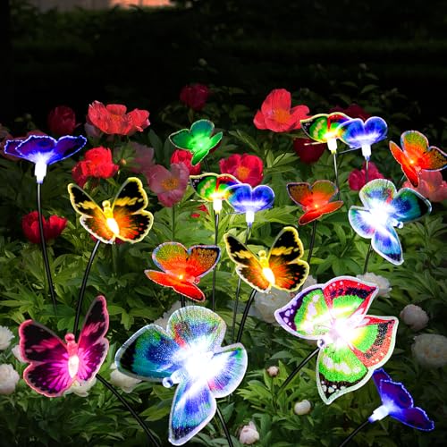 Solarlampen für Außen Garten, 2 Pack Swaying Schmetterling 12 LED Solarleuchten Gartendeko mit Farbig LED,IP65 Wasserdicht Solar Gartenleuchten für Garten Balkon Terrasse Dekoration von Fohil