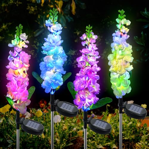 Solarlampen für Außen Garten, 4 Stück Violett mit 80LED Solarleuchten Garten Deko , 2 Modi Balkon Deko IP65 Wasserdicht Solar Blumen Lampe für Außen Rasen, Terrasse, Hof, Balkon Deko,Weihnachtsdeko von Fohil