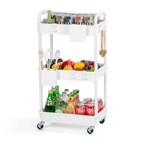 FoiiLiio 3-stöckiger Rollwagen aus Kunststoff,Aufbewahrungswagen,Küchenwagen,Servierwagen mit extra hängenden Bechern,Nischenregal für Büros,Küchen,Waschräume,Badezimmer,Weiß von FoiiLiio