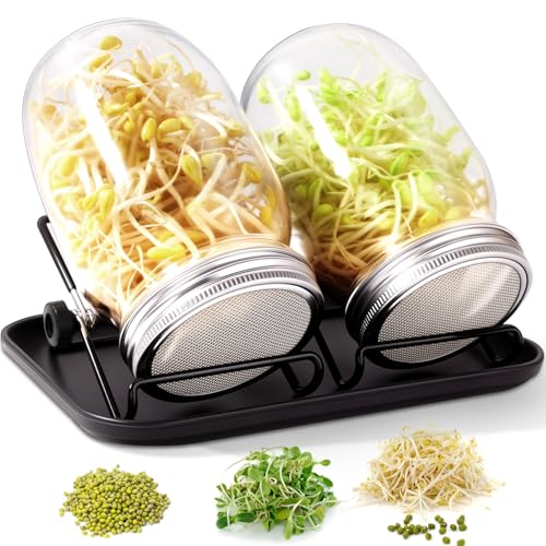 FoiiLiio Sprossenglas Keimglas 2er Set,1000ml keimgläser für Sprossenglas Sprouting jar mit 1 Schwarz Tablett 2 Filtergitterabdeckungen aus Edelstahl 304 und 2 Ständer für Alfalfa Brokkoli Mungobohnen von FoiiLiio
